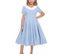 Girls Vintage Dresses 50S 60S Retro Rockabilly Swing Sailor Dress Polka Dot Lapel V-Neck School Performance Uniform Party Tea Princess Dresses #01Sky Blue 9-10 Years