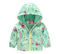 Girls Waterproof Hooded Jacket Kids Boys Rain Coat Lightweight Outdoor Windproof Coats Cute Flower Cartoon Print Raincoat with Pockets Soft Long Sleeve Zipper Outwear (Green, 18-24 Months)