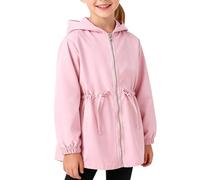 Girls Waterproof Rain Jacket Spring Summer Zip Up Raincoat with Tunic Drawstring Kids Lightweight Windproof Hooded Windbreaker Trendy Plain Breathable Outdoor Rain Coat
