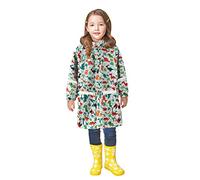 Girls Waterproof Raincoats Reusable Portable Reflective Strip Rain Poncho for Kids Cute Dinosaur Print Hooded Rain Cape with Pocket Spring Summer Lightweight Puddle Suit (White, 10-11 Years)