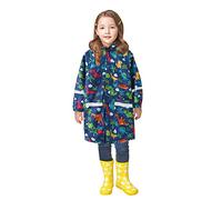 Girls Waterproof Raincoats Reusable Portable Reflective Strip Rain Poncho for Kids Cute Dinosaur Print Hooded Rain Cape with Pocket Spring Summer Lightweight Puddle Suit (Blue, 10-11 Years)