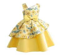Girls Wedding Dress Toddler Vintage Floral Printing Princess Frocks Flower Girl Bridesmaid Dresses Yellow 3-4 Years