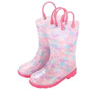 Girls Wellie with Handle, Child Kids Lightweight Wellies Floral Pattern Welly Boots Rain Boot Wellingtons Waterproof Boots Wet Weather Footwear Hot Pink Size UK 2