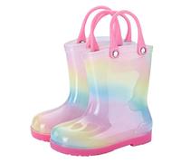 Girls Wellie with Handle, Child Kids Lightweight Wellies Neon Pattern Welly Boots Rain Boot Wellingtons Waterproof Boots Wet Weather Footwear Pink Size UK 10