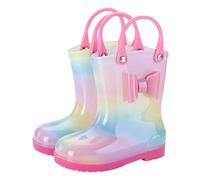 Girls Wellie with Handle, Child Kids Lightweight Wellies Neon Pattern Welly Boots Rain Boot Wellingtons Waterproof Boots Wet Weather Footwear Pink Size UK 13