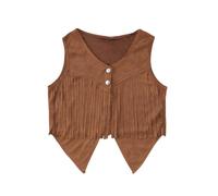 Girls Western Fringe Vest Bohemian Cowboy Cowgirl Style Suede Leather Top for Beer Festival Cosplay Summer Outfit Button Down V Neck Cut Out Festival Party Oktoberfest Outfits Brown