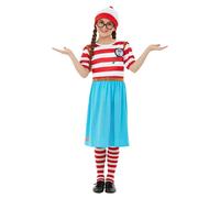 Smiffys Where's Wally Wenda Deluxe Costume, Kids Red & White Dress, Hat, Tights & Glasses, Iconic Outfit with 3D Print, Perfect for a Themed Parties or World Book Day or Halloween