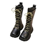 Girls White/Black Lace-Up Combat Riding Boots Mid Calf PU Leather Side Zipper Boot Waterproof Non Slip Easy to Put On Long Riding UK Winter Goth Boot Cowgirl Boot 4-12 Years