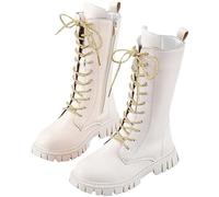 Girls White/Black Lace-Up Combat Riding Boots Mid Calf PU Leather Side Zipper Punk Goth Boot Waterproof Non Slip Easy to Put On Long Fashion Riding Boot 3-12 Years