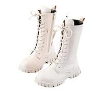 Girls White/Black Lace-Up Combat Riding Boots Mid Calf PU Leather Side Zipper Punk Goth Boot Waterproof Non Slip Easy to Put On Long Fashion Riding Boot 3-12 Years
