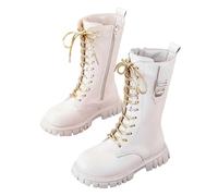 Girls White/Black Lace-Up Combat Riding Boots Mid Calf PU Leather Side Zipper Punk Goth Boot Waterproof Non Slip Easy to Put On Long Fashion Riding Boot 3-12 Years