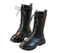 Girls White/Black Lace-Up Combat Riding Boots Mid Calf PU Leather Side Zipper Punk Goth Boot Waterproof Non Slip Easy to Put On Long Fashion Riding Boot 3-12 Years