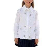 Girls White Blouse Rhinestone Embellished Collar Button Up Shirts Long Sleeve Comfy Tops School Uniform Back to School Class Presentations Casual Outings White 13 Years