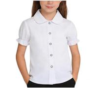 Girls White Blouses Peter Pan Collar Puff Sleeve Shirts Accent Button Up Tops Breathable Comfy Kids' Tshirts Back-to-School Daily Activities Wear White 11 Years