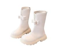 Girls White Boots Kids Knee High Boots Leather Waterproof Combat Boots | Mid Calf Back Zippers Shoes Toddler Warm Lined Chunky Heels Cowgirl Boots Pearl