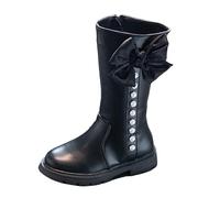 Girls White Boots Kids Knee High Boots Side Zipper Bow Pearl Combat Boots | Mid Calf Warm Lined Shoes Toddler Leather Waterproof Rubber Sole Chunky Heels Cowgirl Boots