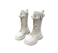 Girls White Boots Kids Stars Lace Up Riding Boots Mid Calf Combat Booties PU Leather Side Zipper Punk Goth Boot 4-12 Years