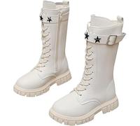 Girls White Boots Lace Up Riding Mid Calf Combat Boots Leather Waterproof Fall Winter Side Zipper Punk Goth Boot Cowgirl Fleece Lined Solid Fashion Punk Non Slip