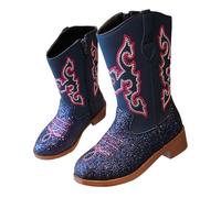 Girls' White Faux Leather Embroidered Cowboy Boots for Kids, UK Western Short Cowgirl Boots with Side Zip, Pointed Toe Chunky Heel Comfortable Footwear for Toddler & Little Girls