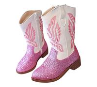Girls' White Faux Leather Embroidered Cowboy Boots for Kids, UK Western Short Cowgirl Boots with Side Zip, Pointed Toe Chunky Heel Comfortable Footwear for Toddler & Little Girls