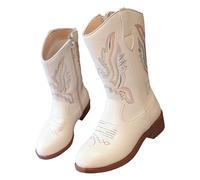 Girls' White Faux Leather Embroidered Cowboy Boots for Kids, UK Western Short Cowgirl Boots with Side Zip, Pointed Toe Chunky Heel Comfortable Footwear for Toddler & Little Girls