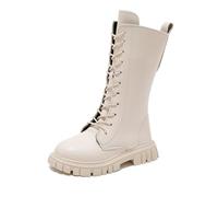 Girls White Knee High Lace Up Riding Boots Mid Calf Combat Boots Waterproof PU Leather Side Zip Fashion Goth Punk Cowgirl Boots for Kids Fall Winter Women White 9 UK Child