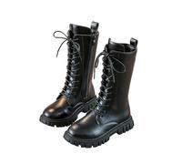 Girls White Knee High Lace Up Riding Boots Mid Calf Combat Boots Waterproof PU Leather Side Zip Fashion Goth Punk Cowgirl Boots for Kids Fall Winter Women Black 11 UK Child