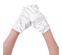 Girls White Satin Gloves with Bow for First Communion, Ages 4-14 Stretch Dress Gloves for Princess, Tea Party, Wedding, Formal Pageant, Birthday
