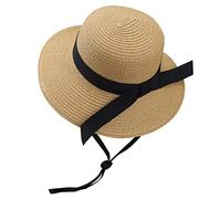 Girls Wide-Brim Straw Sun-Hat for Summer Beach with Bow, Khaki, 2-5 Years