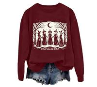 Girls Will Be Girls Witch Sweatshirt Vintage Witchy Vibes Halloween Spooky Season Long Sleeve Tops Claret