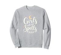 Girls Will Cast Spells: Witchy Magical Moon Stars Sweatshirt, Adult Unisex, Heather Grey, XL