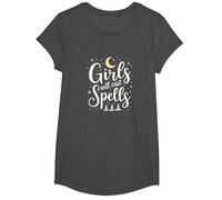 Girls Will Cast Spells: Witchy Magical Moon Stars T-Shirt, Girls, Dark Heather Grey, Small