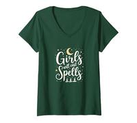 Girls Will Cast Spells: Witchy Magical Moon Stars V-Neck T-Shirt, Women, Forest Green, S