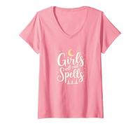 Girls Will Cast Spells: Witchy Magical Moon Stars V-Neck T-Shirt, Women, Pink, XL
