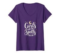 Girls Will Cast Spells: Witchy Magical Moon Stars V-Neck T-Shirt, Women, Purple, M