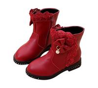 Girls Winter Ankle Boots, Side Zipper, Lace Hem Pearl Shoes, Faux Leather, Bow Decor, Water Repellent Wellies, Cute Funky, Kid Princess Shoes, for Dance Party