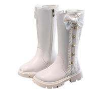 Girls Winter Boots Comfortable Faux Leather Knee High Riding Boots, Kids Princess School Shoes Chunky Heels with Bow Tie Round Toe Warm Footwear Outdoor White Size UK 1