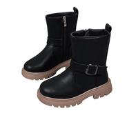 Girls Winter Boots Mid Calf Riding Shoes with Side Zipper Faux Leather Boot Kids Buckle Boots Lug Sole Slip On Comfortable Walking Boot Thick Heel Booties Casual School Shoes for Outdoor