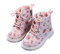 Girls' Winter Fleece-Lined Leather Boots Sweet Strawberry Print Warm Patent Leather Short Boots, British Fashion Anti-Slip Outdoor Shoes for Girls, Kids' Cozy Ankle Booties Red