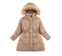 Girls' Winter Jackets Padded Parka Belted Faux Fur Collar Hooded Pockets Soild Color Princess Children's Puffer Jackets Casual Winter Warm School Travel Essentials Coats for 9-10 11-12 Kids UK