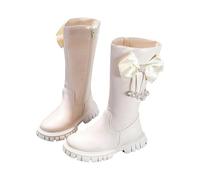 Girls Winter Leather Boots Tall Thermal Fur Lined Snow Booties for Kids, Non-Slip Sole Waterproof Ankle Boots Princess Bow Long Boots Comfortable White