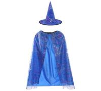 Girls Witch Accessory Set - Long Blue Cape with Silver Star Decoration and Matching Pointed Hat - Kids Witch Spooky Halloween World Book Day Fancy Dress Costume
