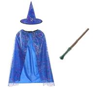Girls Witch Accessory Set - Long Blue Cape with Silver Star Decoration, Matching Pointed Hat and Wand - Kids Witch Spooky Halloween World Book Day Fancy Dress Costume