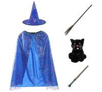 Girls Witch Costume Accessory Set - Blue Cape with Silver Stars, Pointed Hat, Wand, Broomstick & Black Cat - Kids Halloween or World Book Day Fancy Dress