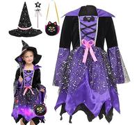 Girls Witch Costume Set Kids Halloween Cosplay Party Dress Up Toddler Fancy Dress Birthday Cotton Outfits with Hat, Magic's Wand and Candy Bag Aged 3-15 Years Comfy