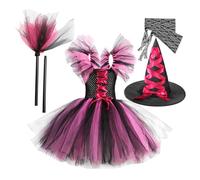 Girls Witch Dress Costume - Halloween Cosplay Tutu Dress With Sleeves, Broom And Hat Set | Comfortable Festival Performance Outfit For Kids Role Playing, Party, Stage
