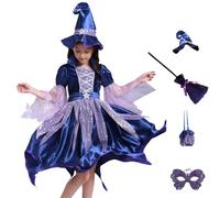 Girls Witch Fancy Dress Halloween Costume Set Magic Wand Drawstring Bag | Complete ensemble with tulle skirt layers, flutter sleeves, sparkle accents and matching headwear for trick or treating