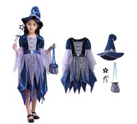 Girls Witch Fancy Dress Halloween Costume Set Magic Wand Drawstring Bag | Complete ensemble with tulle skirt layers, flutter sleeves, sparkle accents and matching headwear for trick or treating
