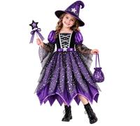 Girls Witch Halloween Costume Kids Purple Star Witch Dress With Witch Hat Wand And Candy Halloween Cosplay Dress Up Outfit For Girl (Purple, 7-8 Years)
