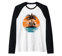 Girls with Surf Boards on Island with Palm Trees and Sunset Raglan Baseball Tee